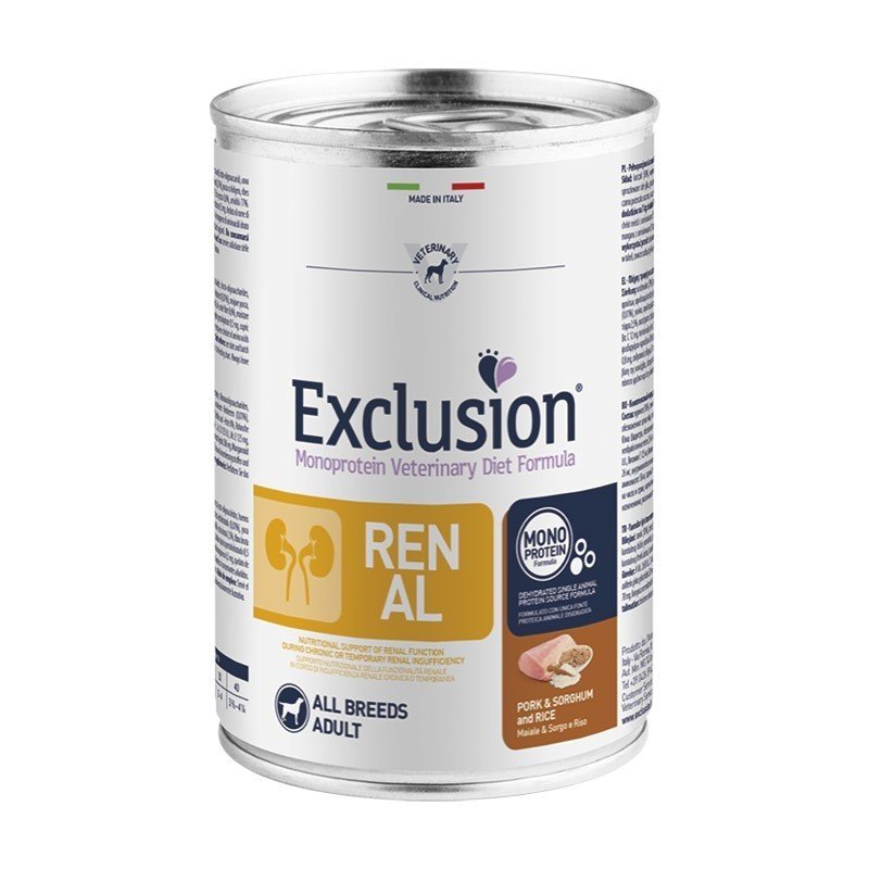 Exclusion Dog Diet Renal Maiale Sorgo e Riso per Cani Adulti Lattina 400g