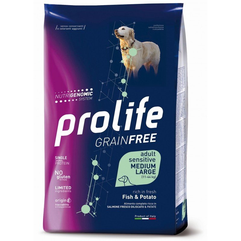 Prolife Sensitive GRAIN FREE Medium Large con Pesce e Patate per Cani 10kg